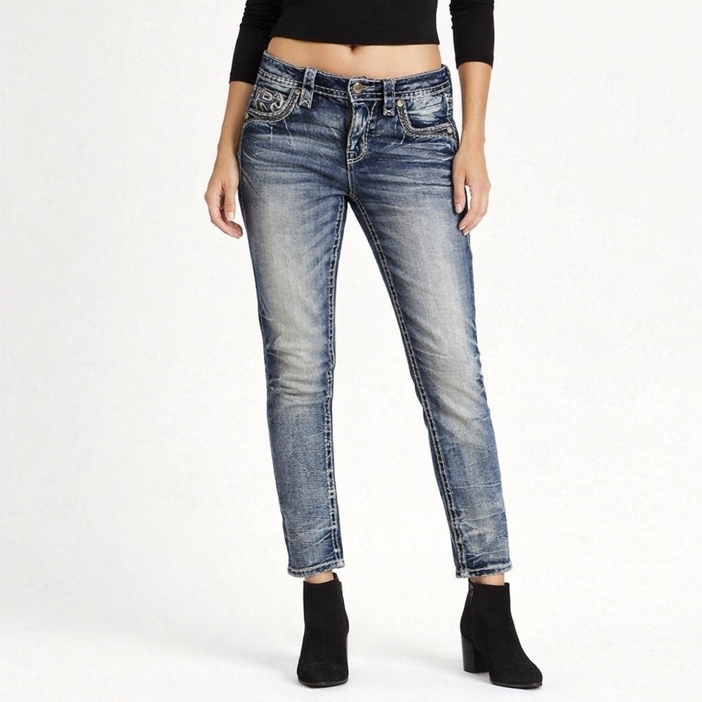 Rock Revival Classic Semah Easy Ankle Skinny Jeans *SZ 26 Crystal R Whisker Fade